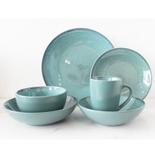 16pc Green Reactive Glazed Ceramic Stoneware Dinnerware Sets